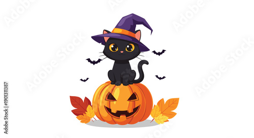 Cute black kitten wearing a purple witch hat sitting on a carved jack o lantern pumpkin with autumn leaves and bats.