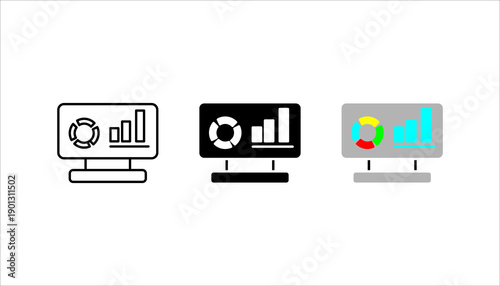 Outline icon set. of a digital dashboard with charts and indicators, symbolizing analytics, performance tracking, business intelligence, and data-driven decision making.