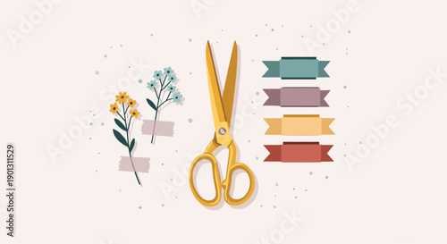 Crafting and scrapbooking flat lay with golden scissors flowers taped to the surface and various blank ribbon banners.