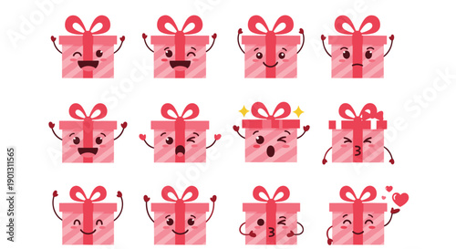 Collection of pink gift box characters with various facial expressions from happy and laughing to angry and blowing a kiss.