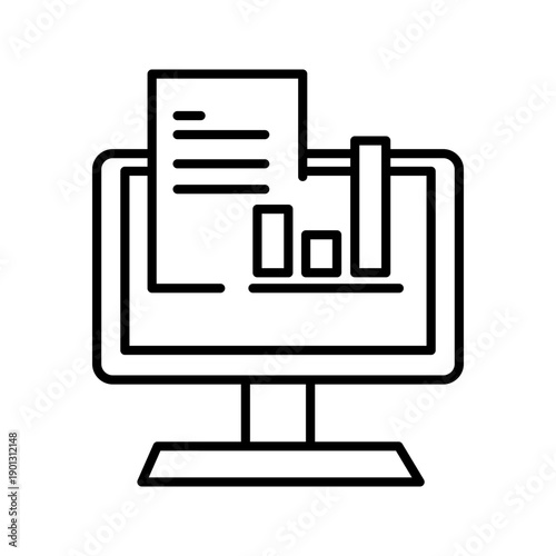 Minimal line icon of a computer screen displaying business reports and charts. Represents analytics, reporting, data analysis, performance monitoring, and corporate dashboards for digital and print de
