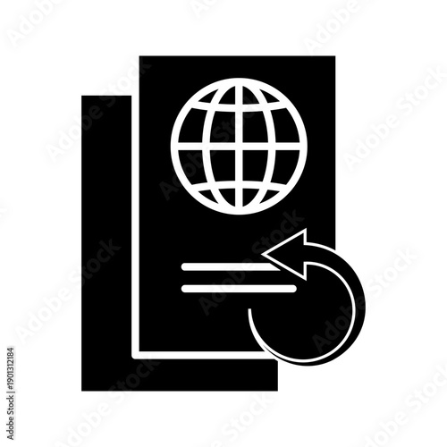 Outline icon of documents with a globe and refresh arrow, representing global data exchange, document synchronization, international communication, and cloud sharing.