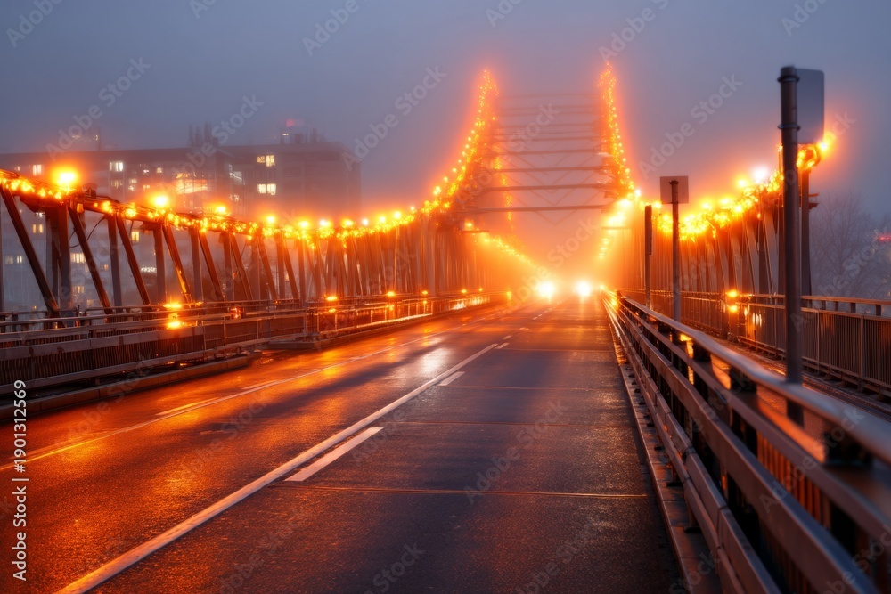 Fototapeta premium Fading Lights on Bridge Disappearing into Dense Fog at Dusk
