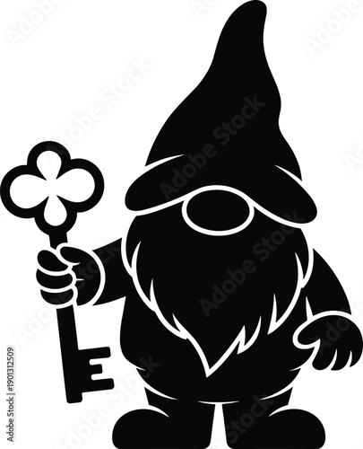 Silhouette of gnome with tall hat and beard holding ornate clover-shaped key, symbolizing fantasy, folklore, and magical mystery