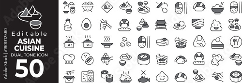 Editable dual tone icon set of asian cuisine icons in style for food and restaurant concepts Vector illustration