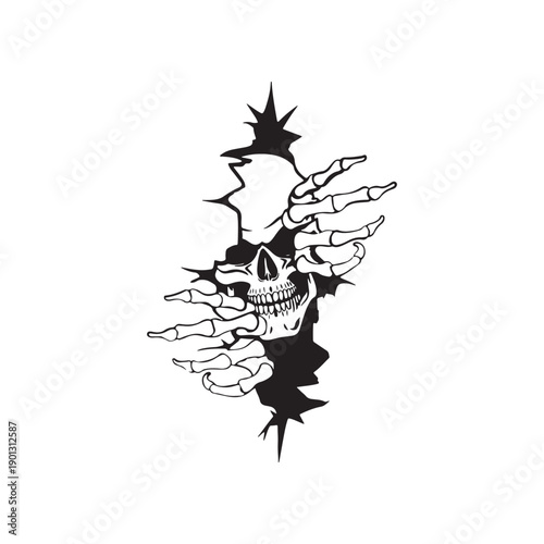 Black and white skull with skeletal hands emerging from cracked ground