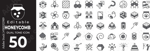 Editable dual tone icon set of Honeycomb with 50 business food and nature symbols Vector illustration
