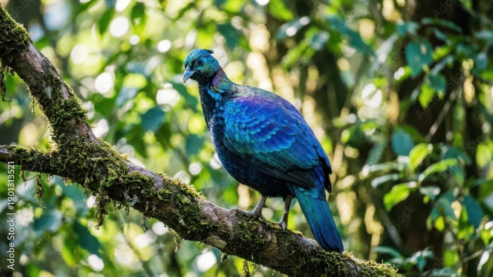 Obraz premium A Majestic Iridescent Pheasant Perched on a Mossy Branch Amidst Lush Forest Foliage