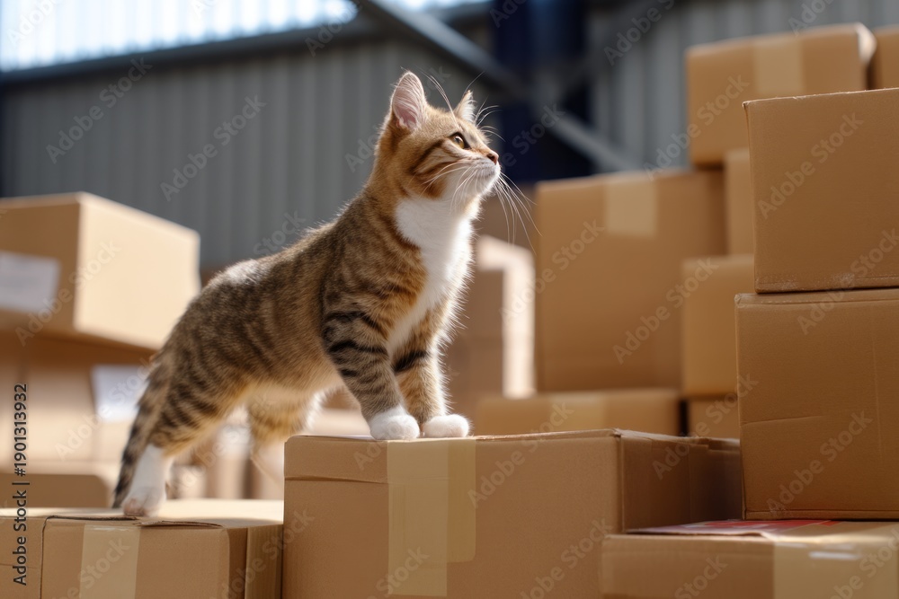 Fototapeta premium Cat Standing on Stacked Boxes in Shipping Storage Area with Natural Light