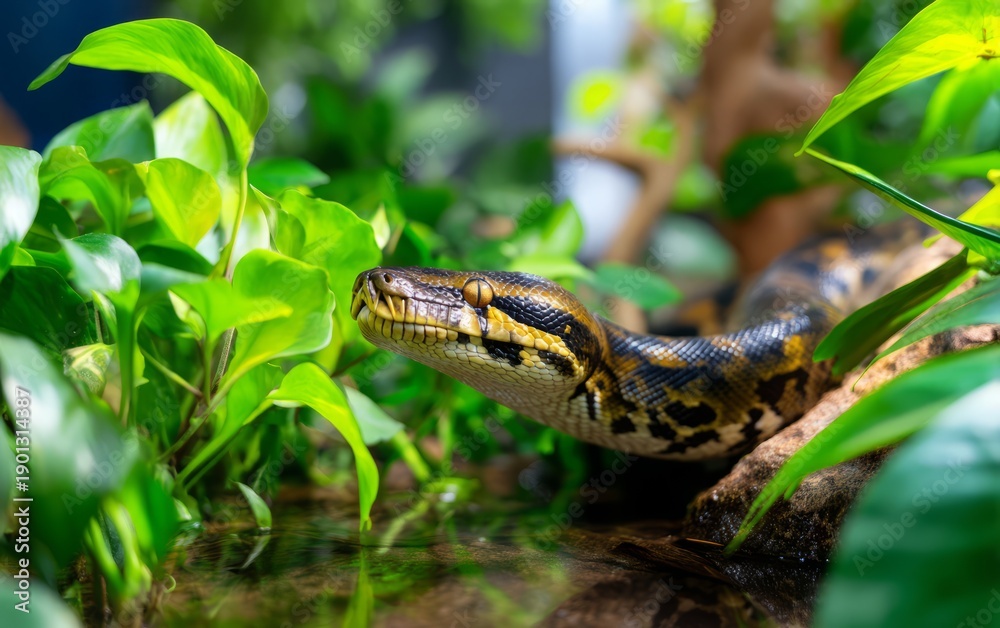 Fototapeta premium Anaconda Partially Submerged in Lush Jungle Environment Surrounded by Plants