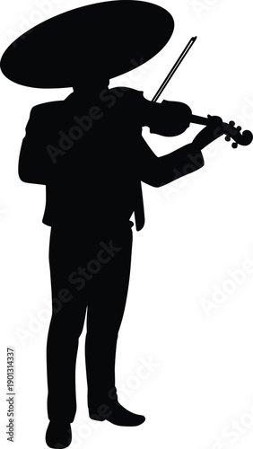 Silhouette of mariachi violinist wearing traditional sombrero hat, Mexican musician performing folk music, cultural festival artist illustration isolated on white background.