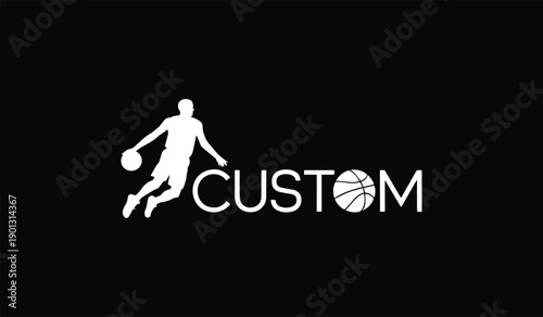 Basketball player silhouette dribbling on black background with bold white custom text and basketball symbol