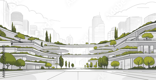 Aerial view of a futuristic city with green terraced buildings and tall skyscrapers in the background