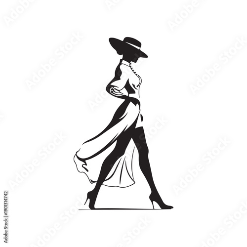 Woman in Dress and Hat Walking Silhouette