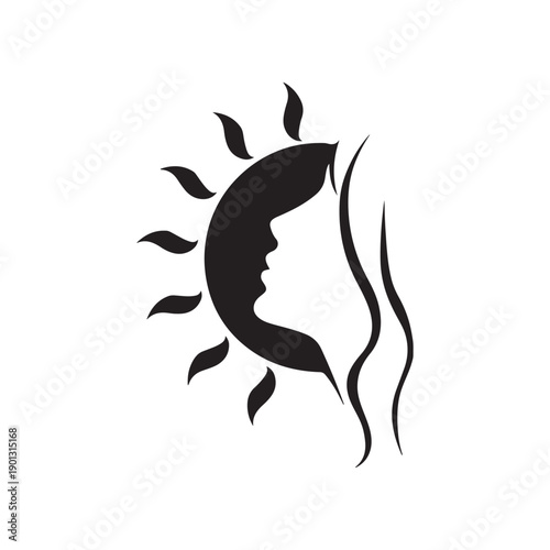 Black silhouette of woman's face with sun rays and wavy hair