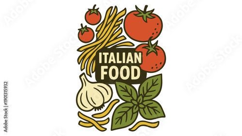 Italian food logo with pasta tomatoes and basil on white background