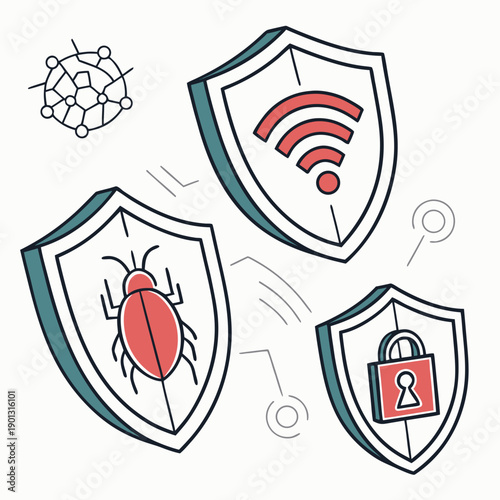 Illustration of various shields protecting against different cyber threats