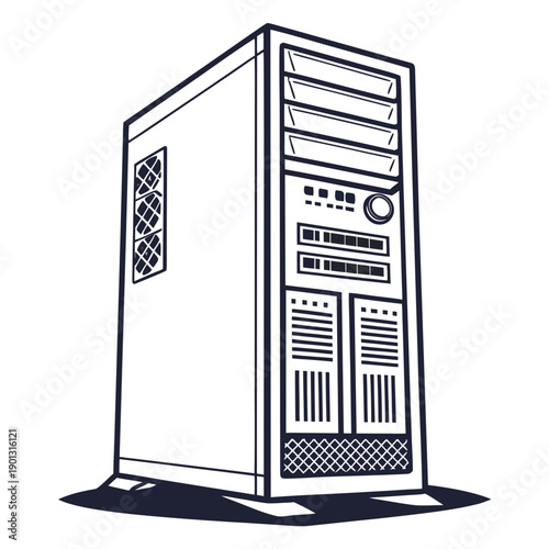 A black and white illustration of a server rack with various components and labels