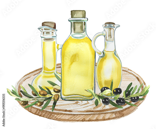 Watercolor bottle of olive oil and olives on a wooden platted illustration.