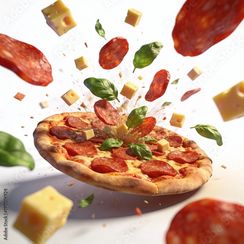 Pizza Exploding with Pepperoni, Cheese, and Basil on a White Backdrop