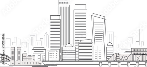 Skyline of modern city buildings with bridges and skyscrapers in a minimalist line style
