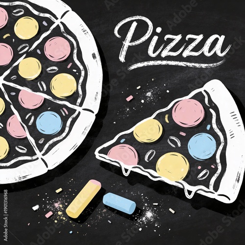 Chalkboard Pizza Slice with Colorful Toppings, Chalk and Dust