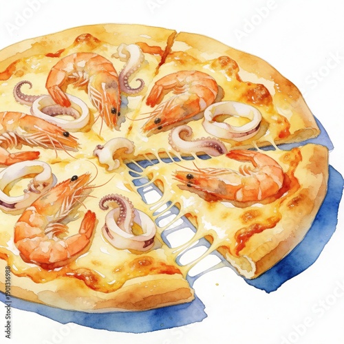 Watercolor Seafood Pizza with Shrimp and Squid on Blue Plate