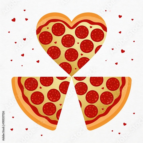 Heart shaped Pizza with Pepperoni Slices and Valentines Day Hearts