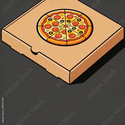 Pizza in a Takeout Box, Overhead Isometric View, Food Illustration