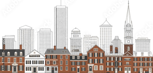 Skyline of modern skyscrapers and traditional brick buildings in a cityscape