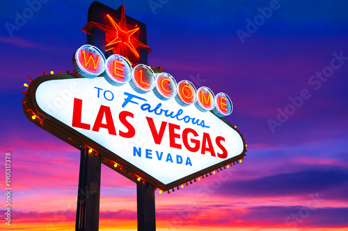 Welcome to Fabulous Las Vegas Sign. Logo Removed. The beautiful sunset sky in the background.