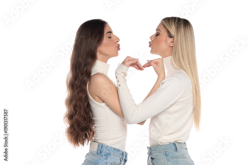 Fotografi Studio shot of two young women facing each other blowing a kiss and making a hea