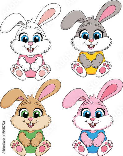 Set of four cute cartoon bunnies in different colors wearing colorful outfits, sitting baby rabbits collection for Easter, nursery and kids design vector