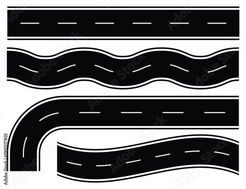 City road smooth elements set. Straight, curved roads. Create your own road trip map. Vector illustration of a road.