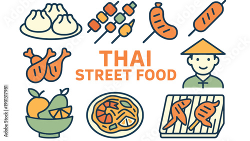 Colorful illustration of various Thai street food dishes and fruits