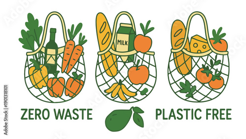 Reusable mesh bags filled with groceries for zero waste shopping