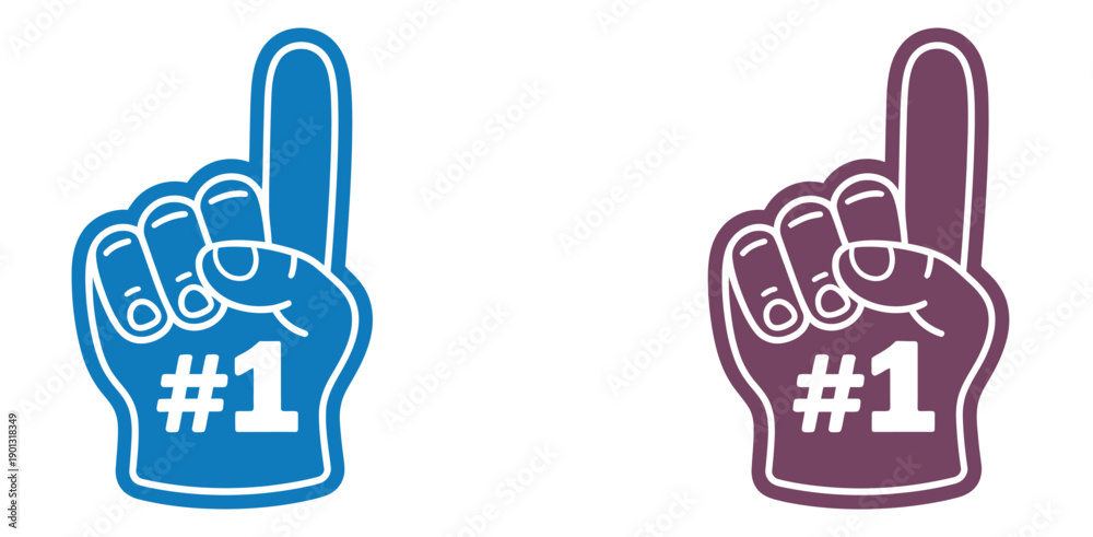 Obraz premium Number one foam fingers in blue and yellow, isolated vector illustration on white background, sports fan cheering hand accessory, stadium support item, team spirit symbol, game day concept.