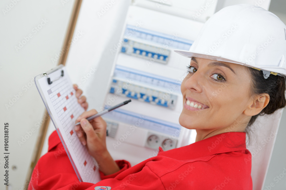 Obraz premium woman electrician checking clipboard results
