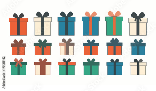 Minimal holiday gift box icon set with flat abstract present symbols isolated on white background