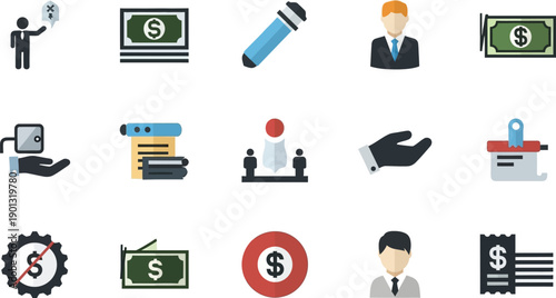 A comprehensive set of modern flat design vector icons illustrating essential finance, business, and professional services, ideal for diverse digital projects