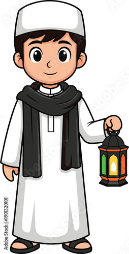 ute Cartoon Character of a Young Muslim Boy Wearing a White Thobe and Kufi Holding a Colorful Traditional Lantern for Ramadan Celebration