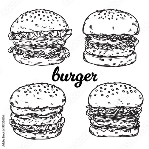 Set of hand drawn delicious Burger fast food outline drawing illustration