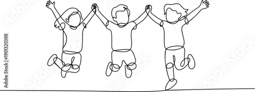 Happy jumping children holding hands. Continuous line drawing. one line Art icon drawing vector