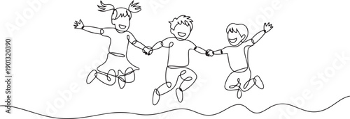 Happy jumping children holding hands. Continuous line drawing. one line Art icon drawing vector