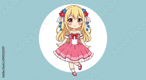 Chibi anime character, blonde hair, floral accessories, cute mascot, cheerful pose, children’s illustration, playful design, flat vector artwork