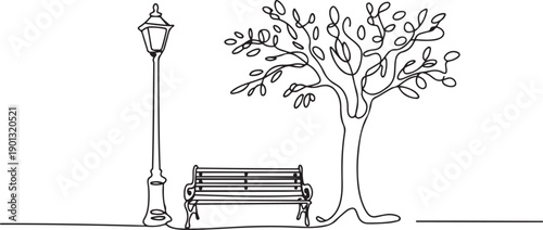 Bench in park near tree and lantern. Continuous One line minimalism style drawing. one line Art icon drawing vector