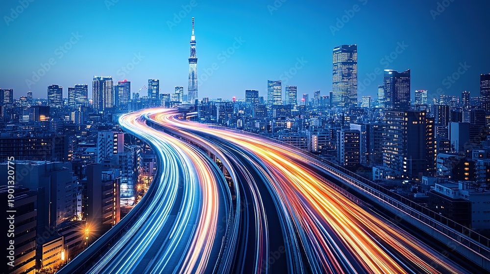 Fototapeta premium Cityscape at dusk with light trails on elevated highway and tall buildings in background