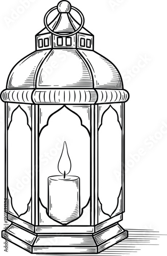 Black and White Line Art Illustration of a Traditional Islamic Lantern with a Burning Candle and Ornate Decorative Patterns for Ramadan Kareem and Eid Mubarak Coloring Page