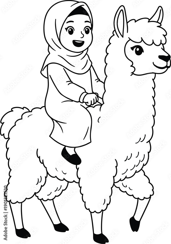 Fototapeta premium Black and White Line Art Illustration of a Young Muslim Girl in Hijab Riding a Fluffy Llama or Alpaca for Islamic Holiday Coloring Page