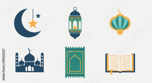 Collection of Islamic and Ramadan themed icons including mosque, moon, lantern, prayer mat, and Quran book.